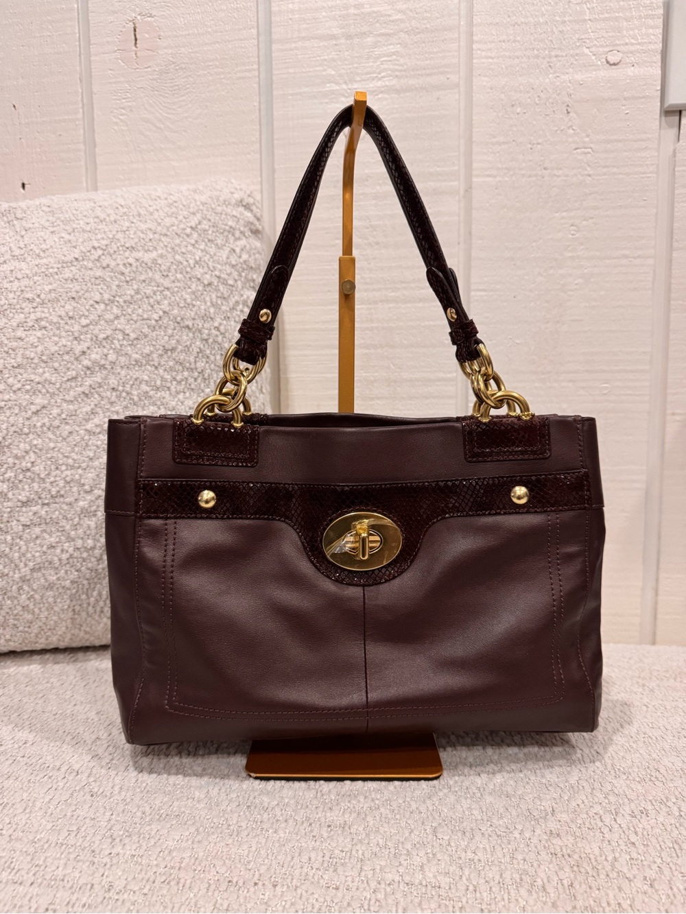 Coach Penelope Leather Turn-Lock Shoulder Bag w/ Snakeskin trim accent